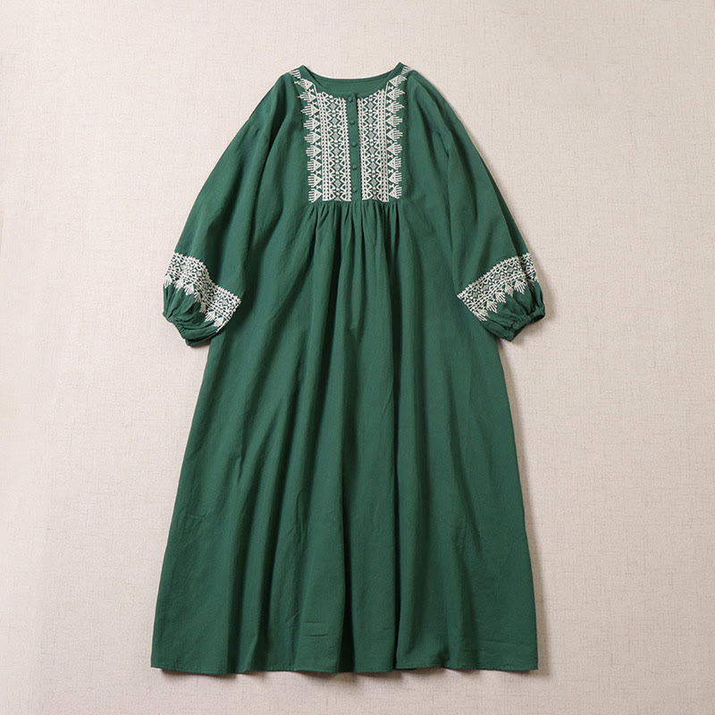 Casual Artistic Geometric Embroidery Button Front Long Lantern Sleeve Cotton Linen Midi Dress
