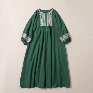 Casual Artistic Geometric Embroidery Button Front Long Lantern Sleeve Cotton Linen Midi Dress