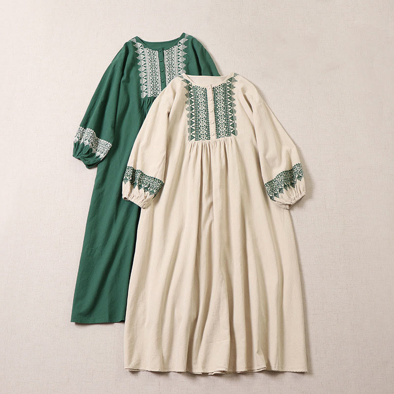 Casual Artistic Geometric Embroidery Button Front Long Lantern Sleeve Cotton Linen Midi Dress