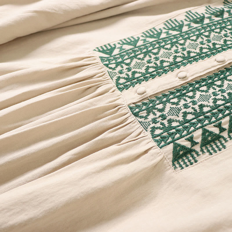 Casual Artistic Geometric Embroidery Button Front Long Lantern Sleeve Cotton Linen Midi Dress