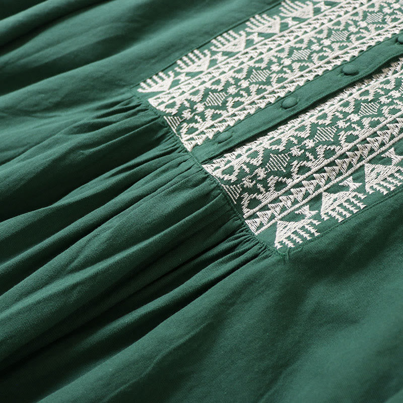 Casual Artistic Geometric Embroidery Button Front Long Lantern Sleeve Cotton Linen Midi Dress