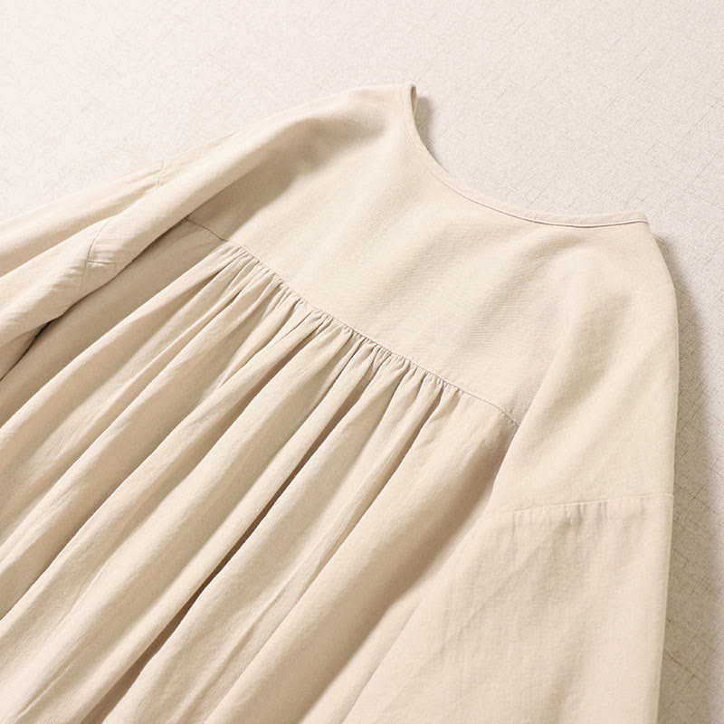 Casual Artistic Geometric Embroidery Button Front Long Lantern Sleeve Cotton Linen Midi Dress