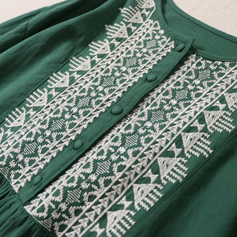 Casual Artistic Geometric Embroidery Button Front Long Lantern Sleeve Cotton Linen Midi Dress