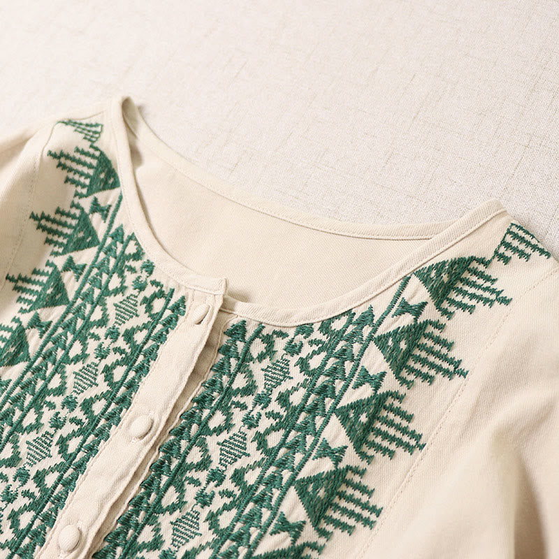 Casual Artistic Geometric Embroidery Button Front Long Lantern Sleeve Cotton Linen Midi Dress