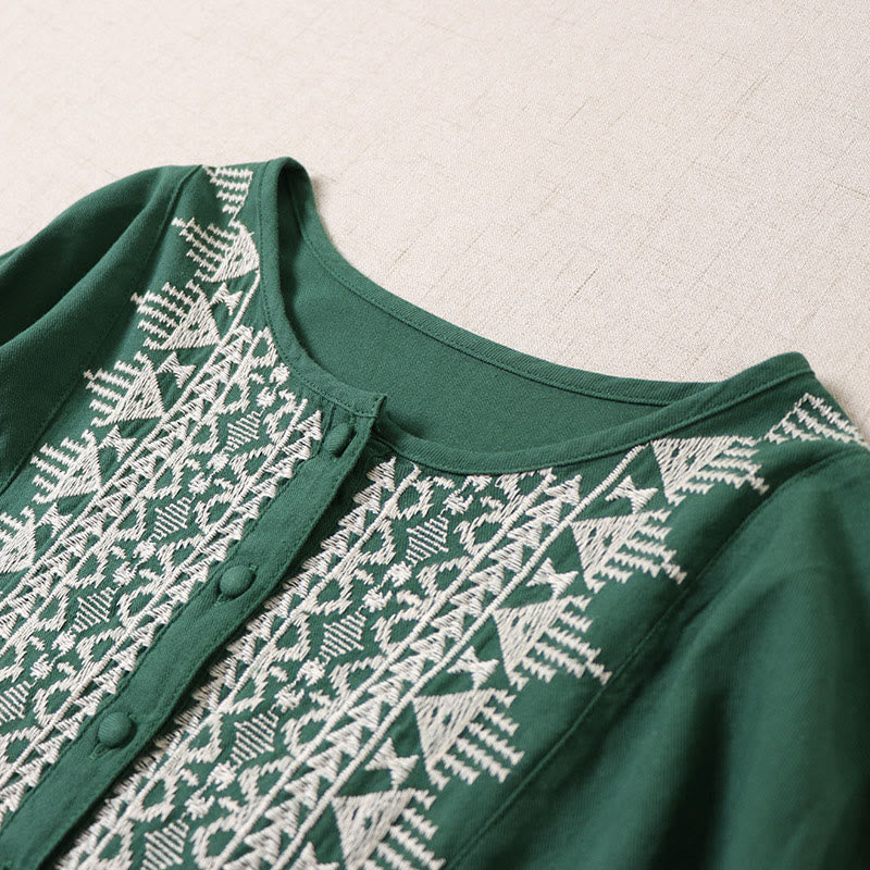 Casual Artistic Geometric Embroidery Button Front Long Lantern Sleeve Cotton Linen Midi Dress