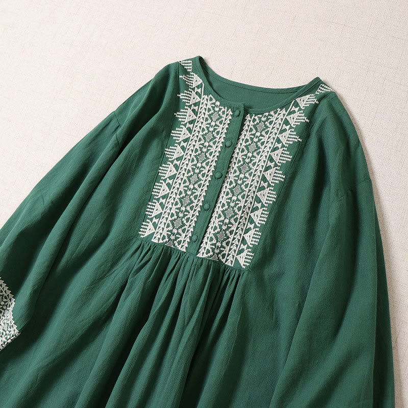 Casual Artistic Geometric Embroidery Button Front Long Lantern Sleeve Cotton Linen Midi Dress