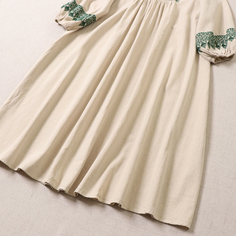 Casual Artistic Geometric Embroidery Button Front Long Lantern Sleeve Cotton Linen Midi Dress