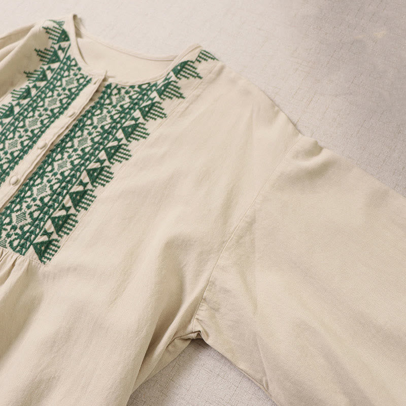 Casual Artistic Geometric Embroidery Button Front Long Lantern Sleeve Cotton Linen Midi Dress