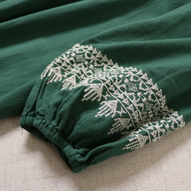 Casual Artistic Geometric Embroidery Button Front Long Lantern Sleeve Cotton Linen Midi Dress