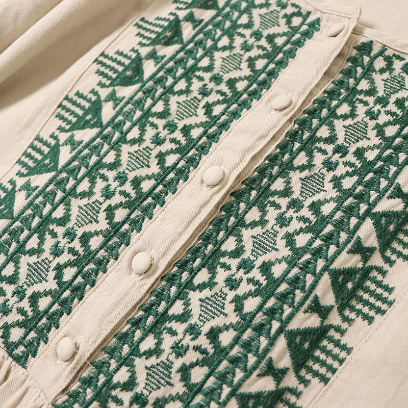 Casual Artistic Geometric Embroidery Button Front Long Lantern Sleeve Cotton Linen Midi Dress