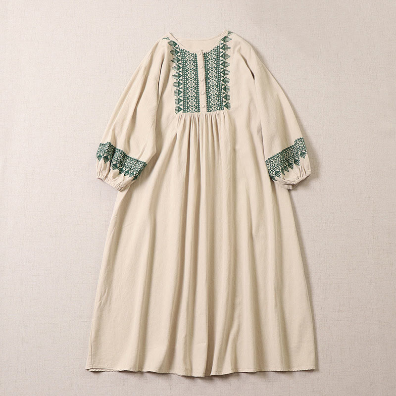 Casual Artistic Geometric Embroidery Button Front Long Lantern Sleeve Cotton Linen Midi Dress