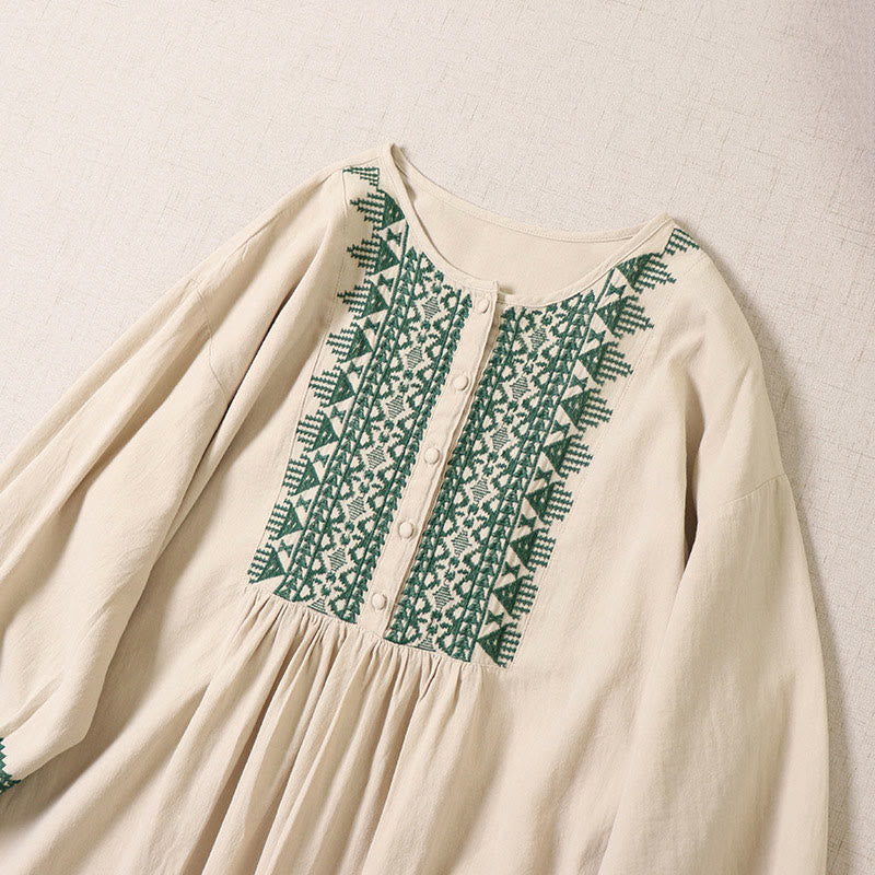 Casual Artistic Geometric Embroidery Button Front Long Lantern Sleeve Cotton Linen Midi Dress
