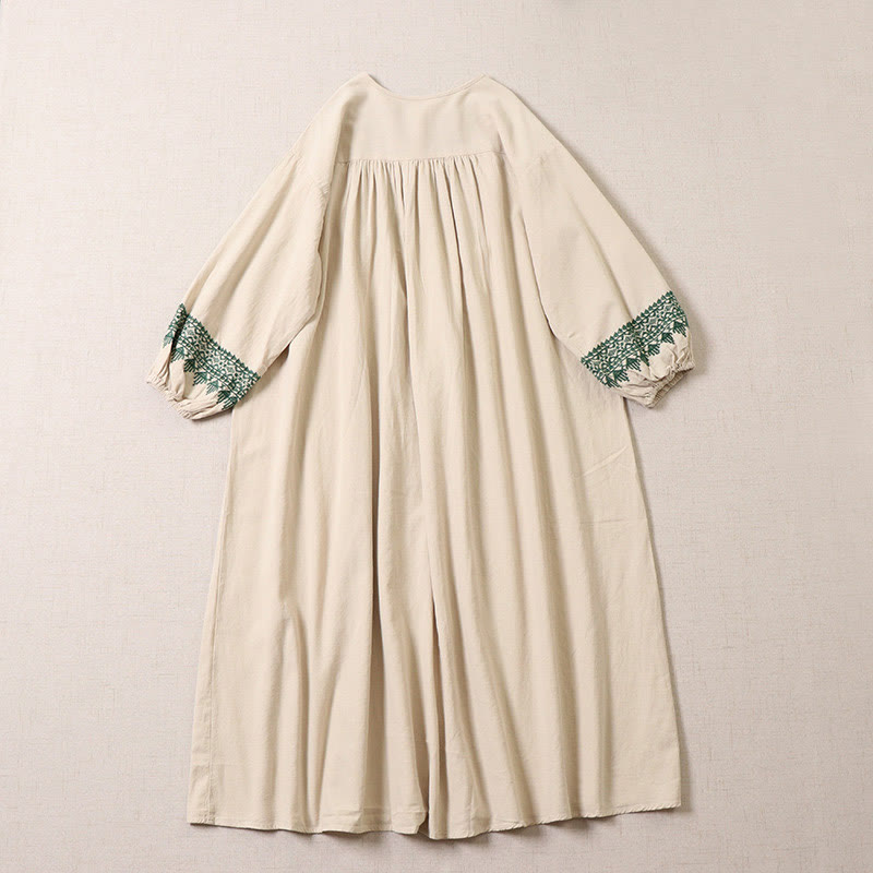 Casual Artistic Geometric Embroidery Button Front Long Lantern Sleeve Cotton Linen Midi Dress