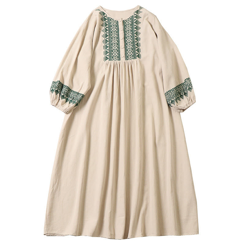 Casual Artistic Geometric Embroidery Button Front Long Lantern Sleeve Cotton Linen Midi Dress