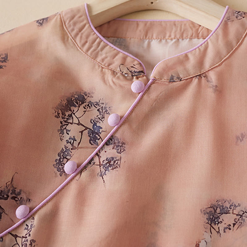 Breathable Cotton Floral Stand-Collar Tea Ceremony Cheongsam Dress