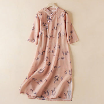 Breathable Cotton Floral Stand-Collar Tea Ceremony Cheongsam Dress