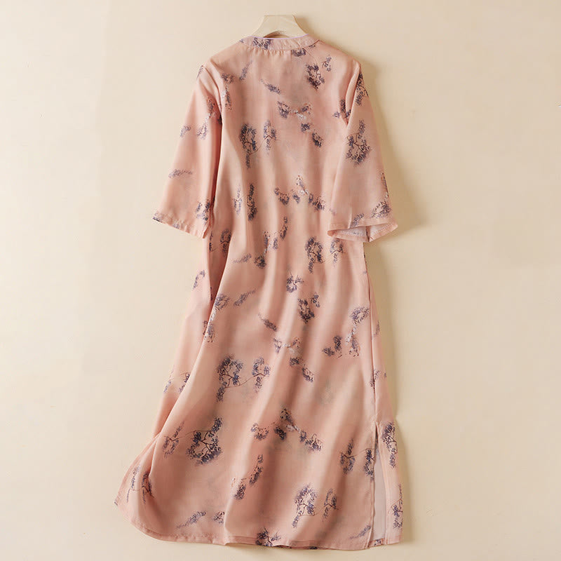 Breathable Cotton Floral Stand-Collar Tea Ceremony Cheongsam Dress