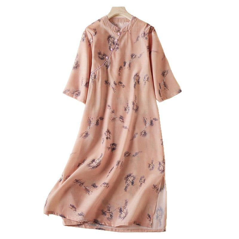 Breathable Cotton Floral Stand-Collar Tea Ceremony Cheongsam Dress