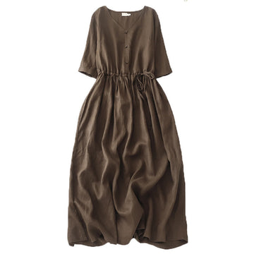 Cotton Linen Pleated Drawstring Mindful Midi Dress