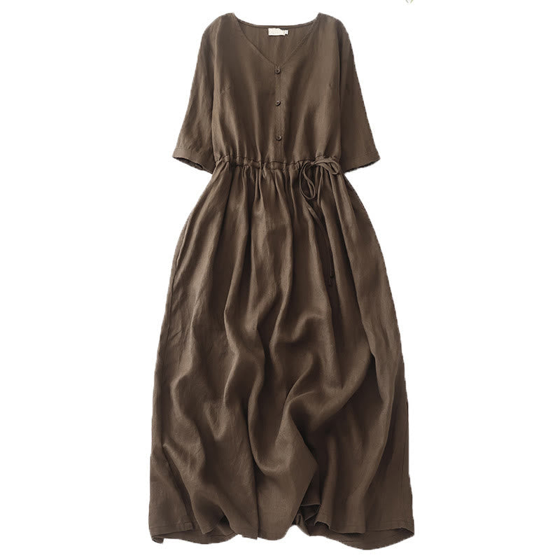 Cotton Linen Pleated Drawstring Mindful Midi Dress