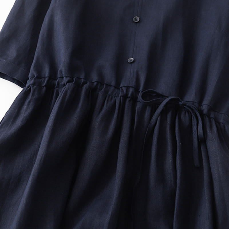 Cotton Linen Pleated Drawstring Mindful Midi Dress