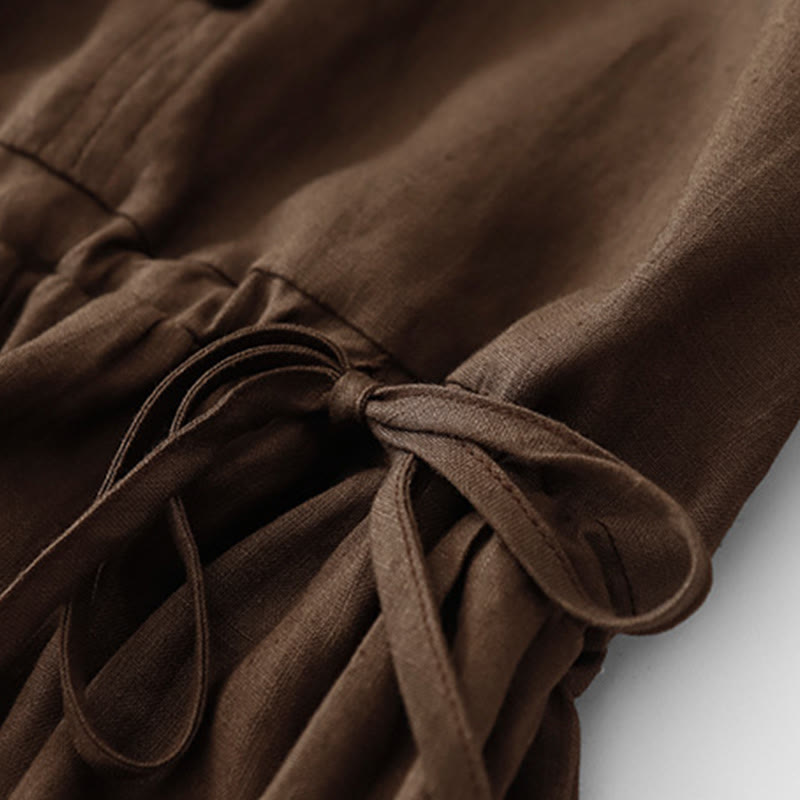 Cotton Linen Pleated Drawstring Mindful Midi Dress