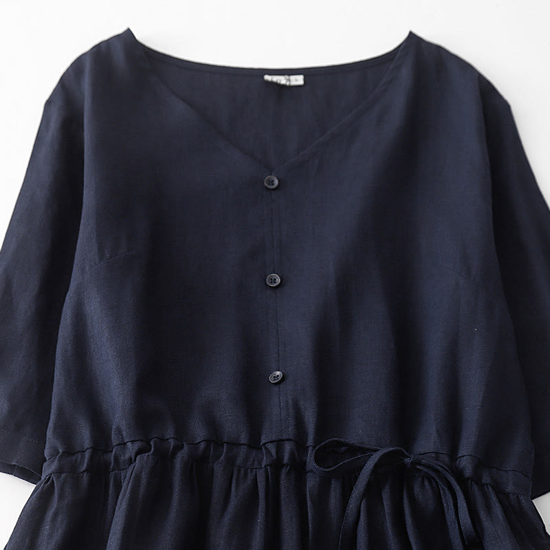 Cotton Linen Pleated Drawstring Mindful Midi Dress