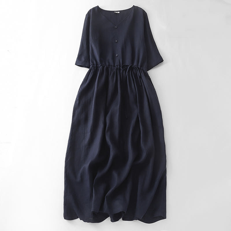 Cotton Linen Pleated Drawstring Mindful Midi Dress