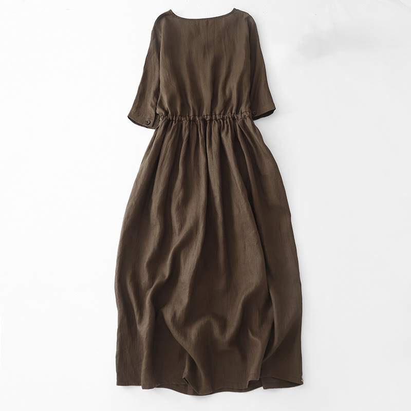 Vintage Casual Solid Color Pleat Drawstring Design Half Sleeve Cotton Linen Midi Dress With Pockets