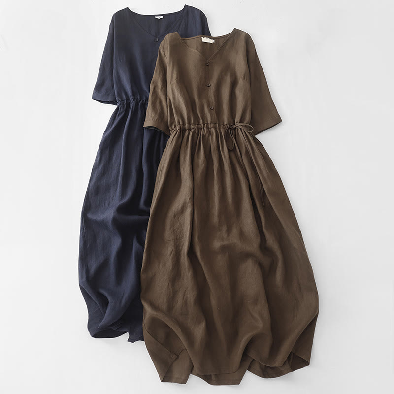 Cotton Linen Pleated Drawstring Mindful Midi Dress