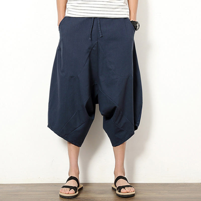 Spring Plain Simple Patchwork Design Drawstring Cotton Linen Men's 7-8 Length Wide Leg Pants With Pockets