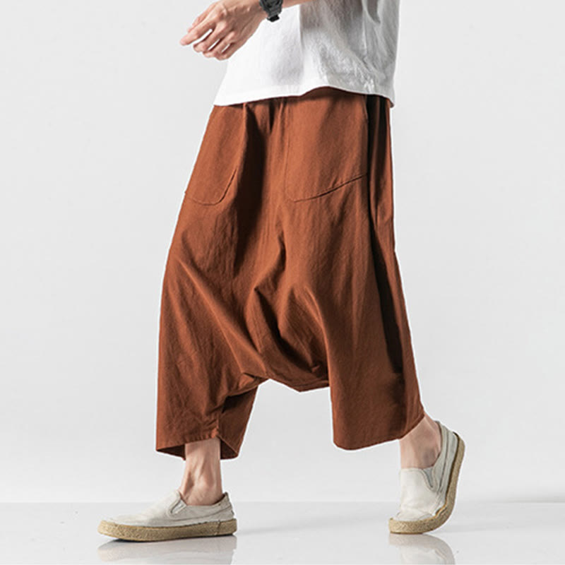 Casual Low Crotch Design Drawstring Men's 7-8 Length Cotton Linen Wide Leg Pants With Pockets