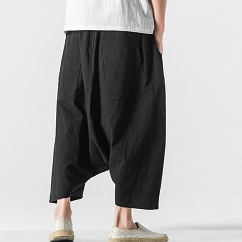 Casual Low Crotch Design Drawstring Men's 7-8 Length Cotton Linen Wide Leg Pants With Pockets