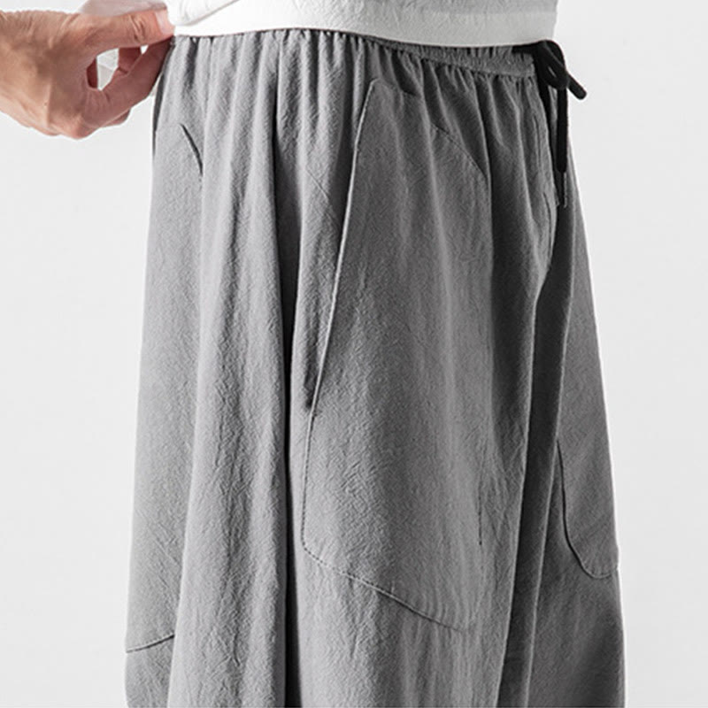 Casual Low Crotch Design Drawstring Men's 7-8 Length Cotton Linen Wide Leg Pants With Pockets