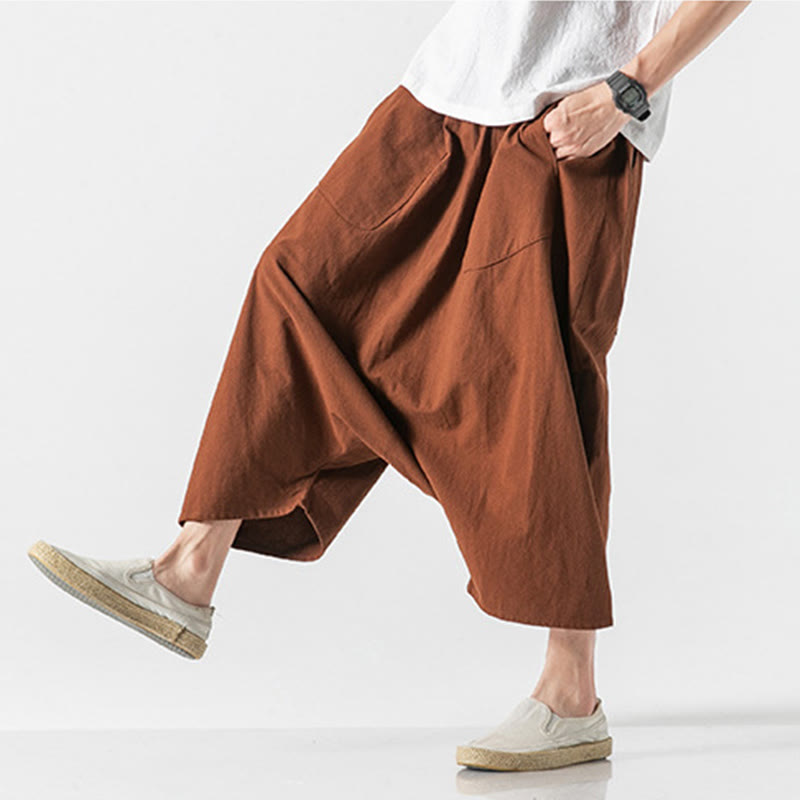 Casual Low Crotch Design Drawstring Men's 7-8 Length Cotton Linen Wide Leg Pants With Pockets