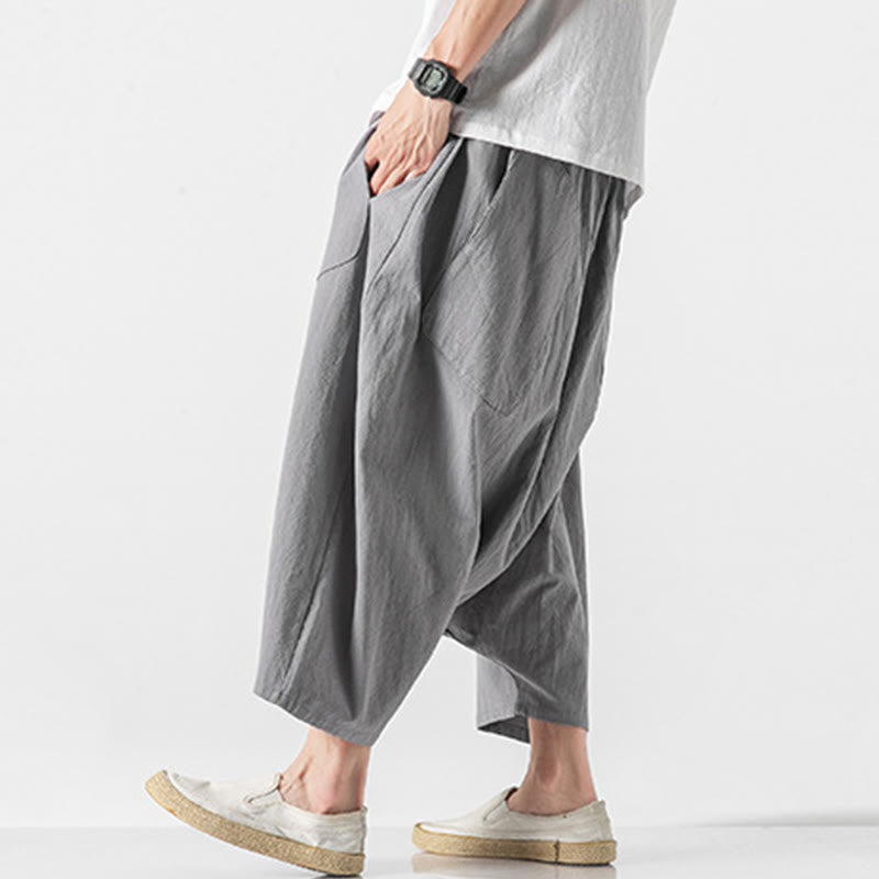 Casual Low Crotch Design Drawstring Men's 7-8 Length Cotton Linen Wide Leg Pants With Pockets