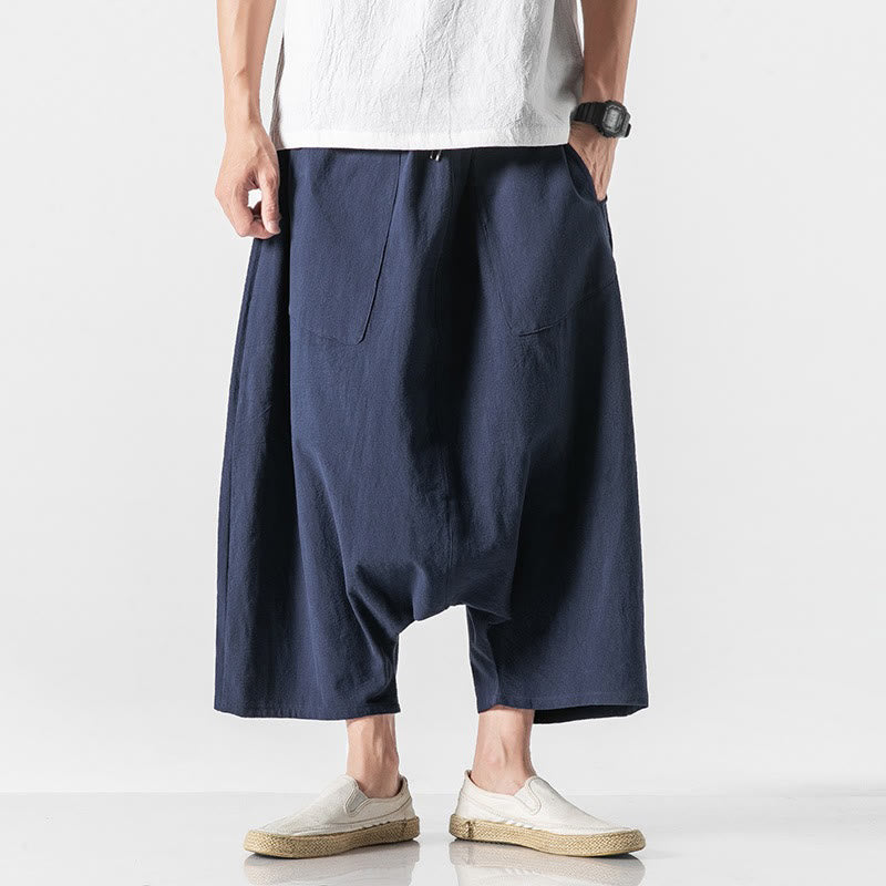 Casual Low Crotch Design Drawstring Men's 7-8 Length Cotton Linen Wide Leg Pants With Pockets