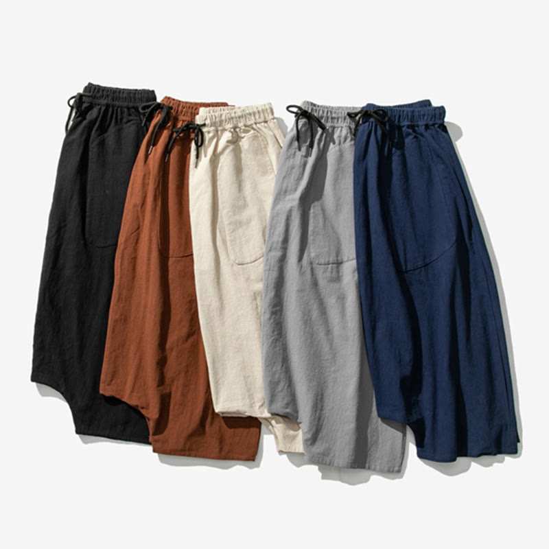 Casual Low Crotch Design Drawstring Men's 7-8 Length Cotton Linen Wide Leg Pants With Pockets