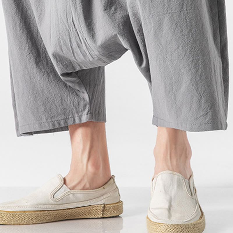 Casual Low Crotch Design Drawstring Men's 7-8 Length Cotton Linen Wide Leg Pants With Pockets