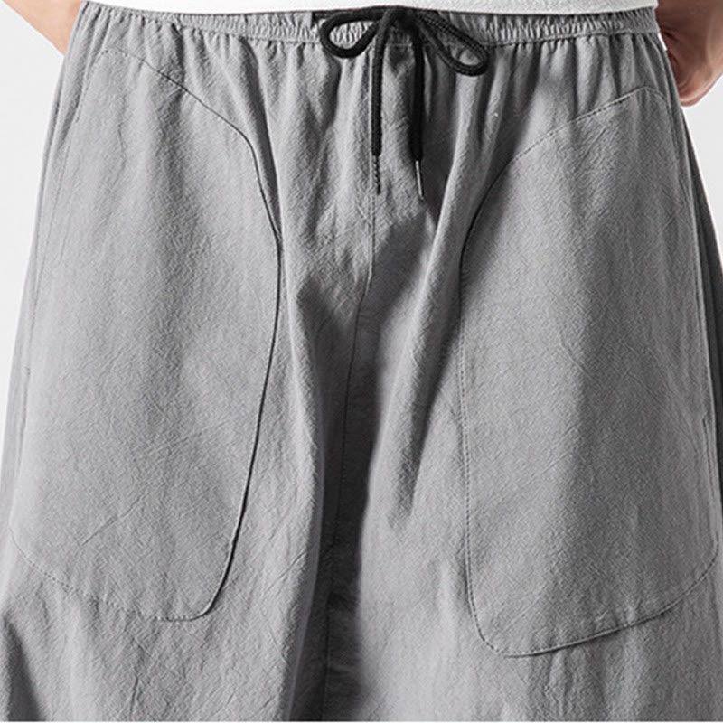 Casual Low Crotch Design Drawstring Men's 7-8 Length Cotton Linen Wide Leg Pants With Pockets
