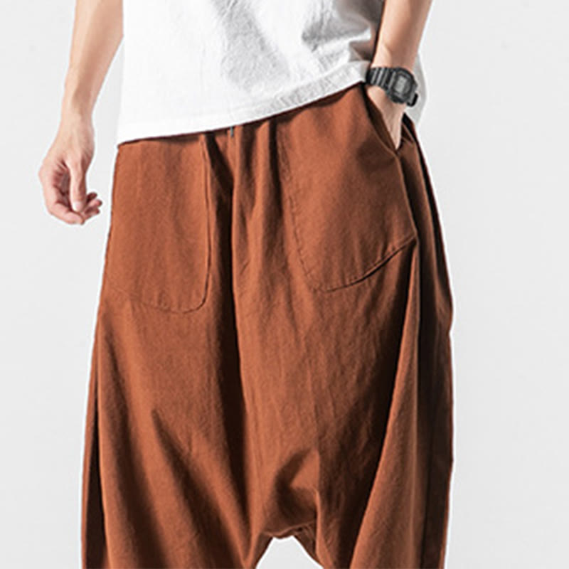 Casual Low Crotch Design Drawstring Men's 7-8 Length Cotton Linen Wide Leg Pants With Pockets