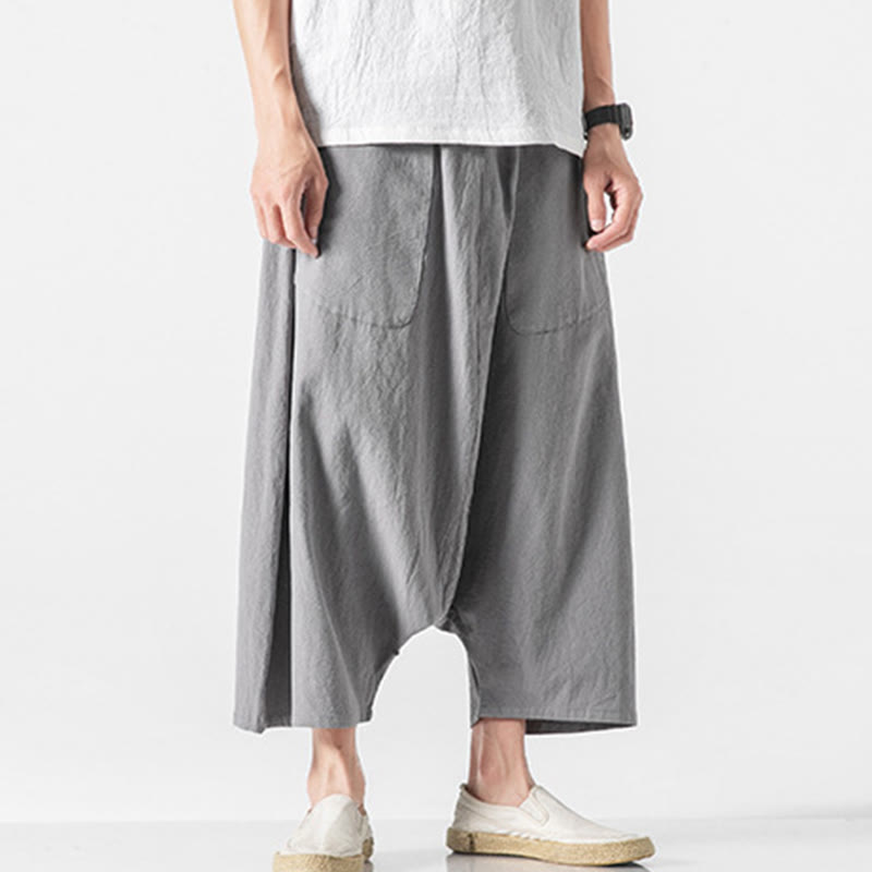 Casual Low Crotch Design Drawstring Men's 7-8 Length Cotton Linen Wide Leg Pants With Pockets