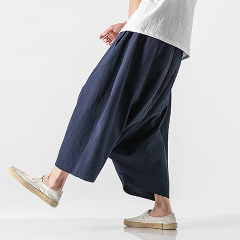 Casual Low Crotch Design Drawstring Men's 7-8 Length Cotton Linen Wide Leg Pants With Pockets