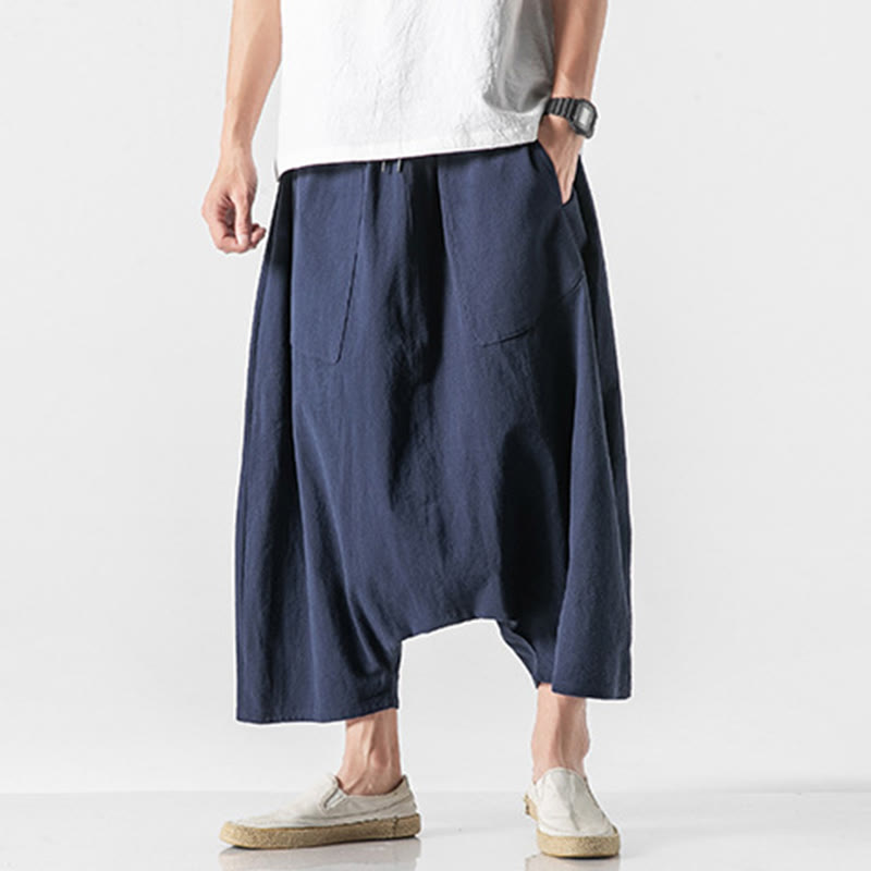 Casual Low Crotch Design Drawstring Men's 7-8 Length Cotton Linen Wide Leg Pants With Pockets