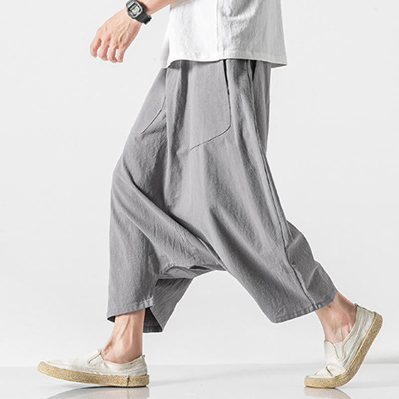 Casual Low Crotch Design Drawstring Men's 7-8 Length Cotton Linen Wide Leg Pants With Pockets