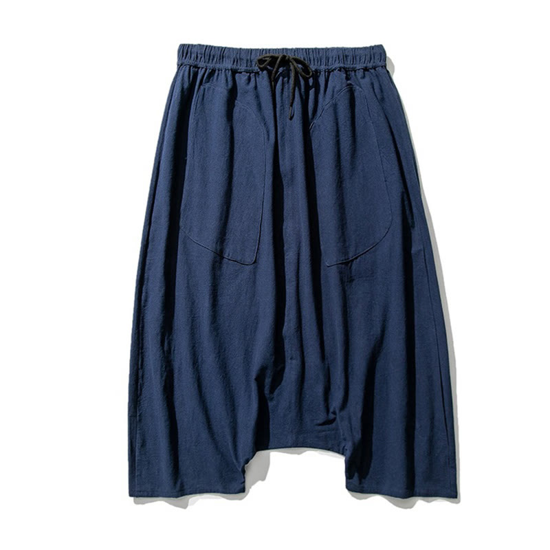 Casual Low Crotch Design Drawstring Men's 7-8 Length Cotton Linen Wide Leg Pants With Pockets