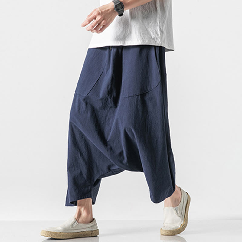 Casual Low Crotch Design Drawstring Men's 7-8 Length Cotton Linen Wide Leg Pants With Pockets