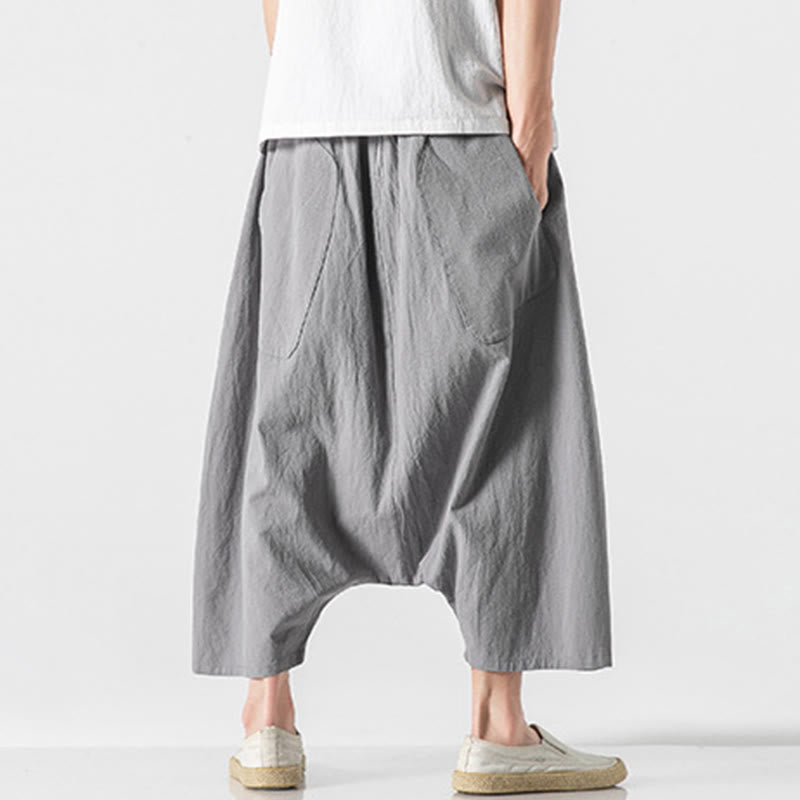 Casual Low Crotch Design Drawstring Men's 7-8 Length Cotton Linen Wide Leg Pants With Pockets