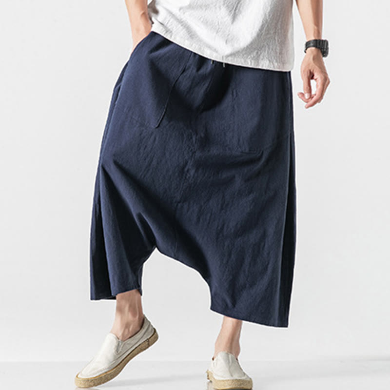 Casual Low Crotch Design Drawstring Men's 7-8 Length Cotton Linen Wide Leg Pants With Pockets