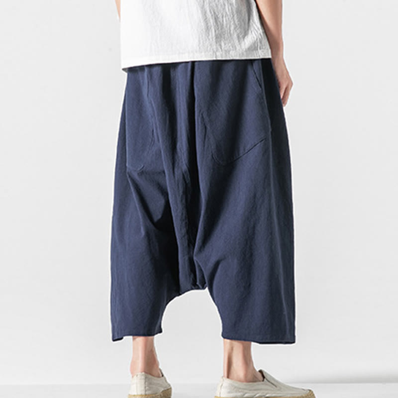 Casual Low Crotch Design Drawstring Men's 7-8 Length Cotton Linen Wide Leg Pants With Pockets
